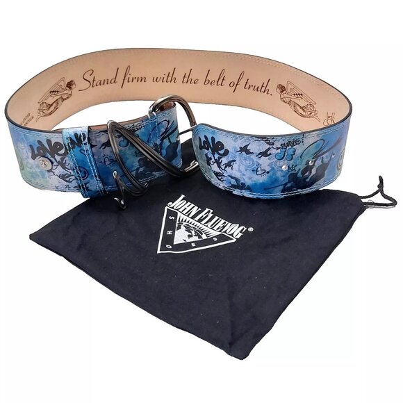 John Fluevog Gawain Wide Waist Belt Blue Graffiti Leather Size 28 (0181) - Picture 6 of 7